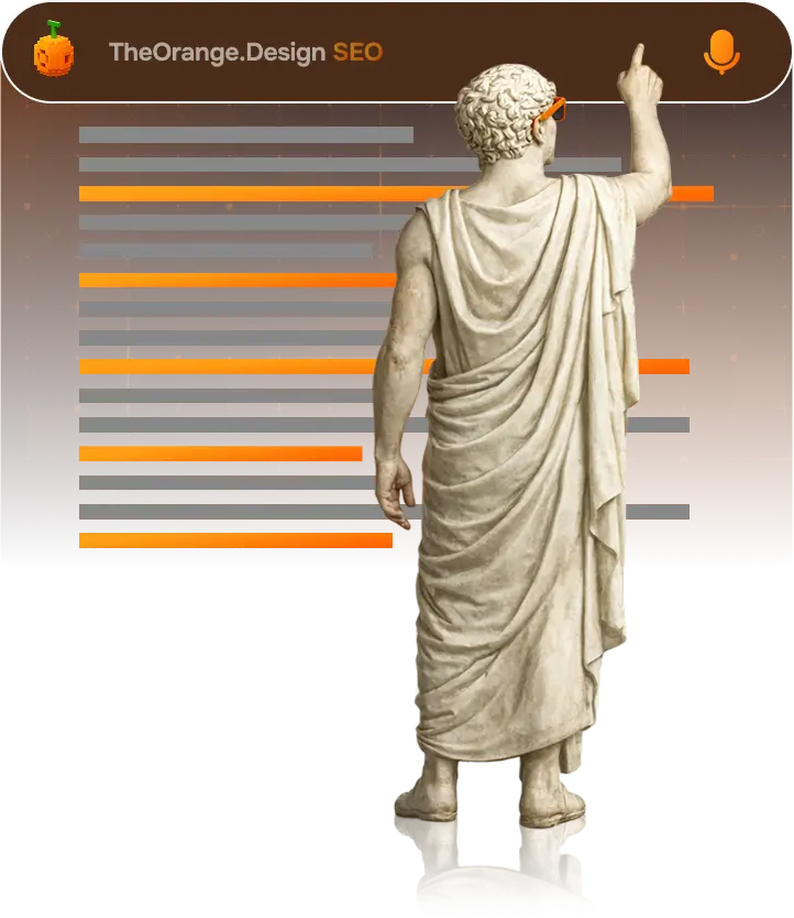 Statue figure pointing at an SEO dashboard with orange analytics bars and TheOrange.Design branding