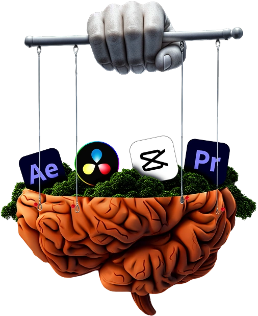 Hand controlling video editing app icons above stylized brain graphic