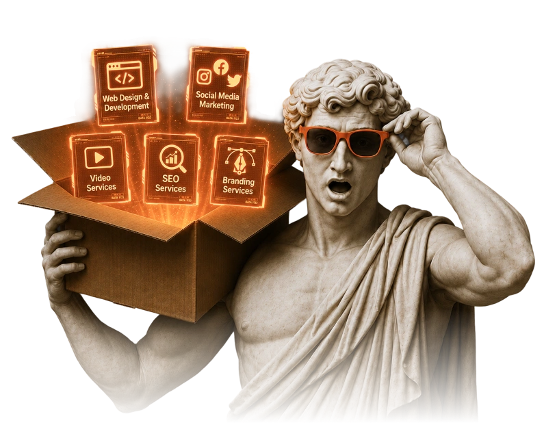 Statue mascot holding a box of glowing service cards for web design, social media, video, SEO, and branding