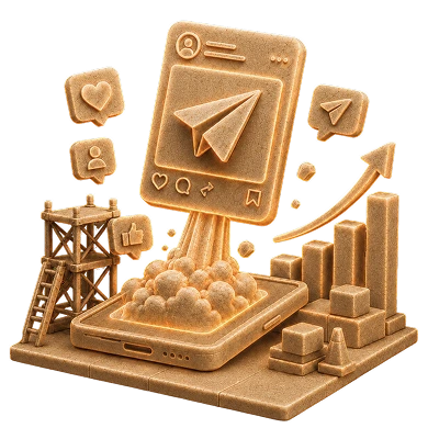 Social media marketing icon with a phone, paper plane, likes, and growth chart.