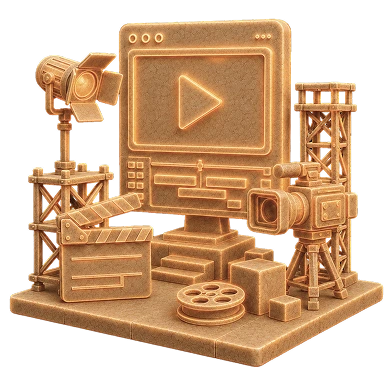 Creative video production icon showing a video screen, camera, studio light, clapperboard, film reel, and production set elements.