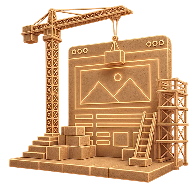Web design and development icon showing a website under construction with a crane, scaffolding, boxes, and a ladder.