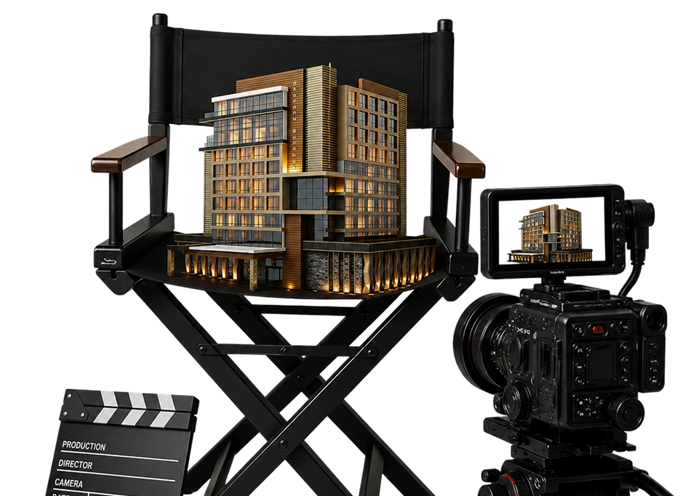 Director's chair, cinema camera, and architectural model for real estate video production