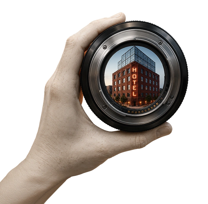 Hand holding a camera lens framing a hotel building